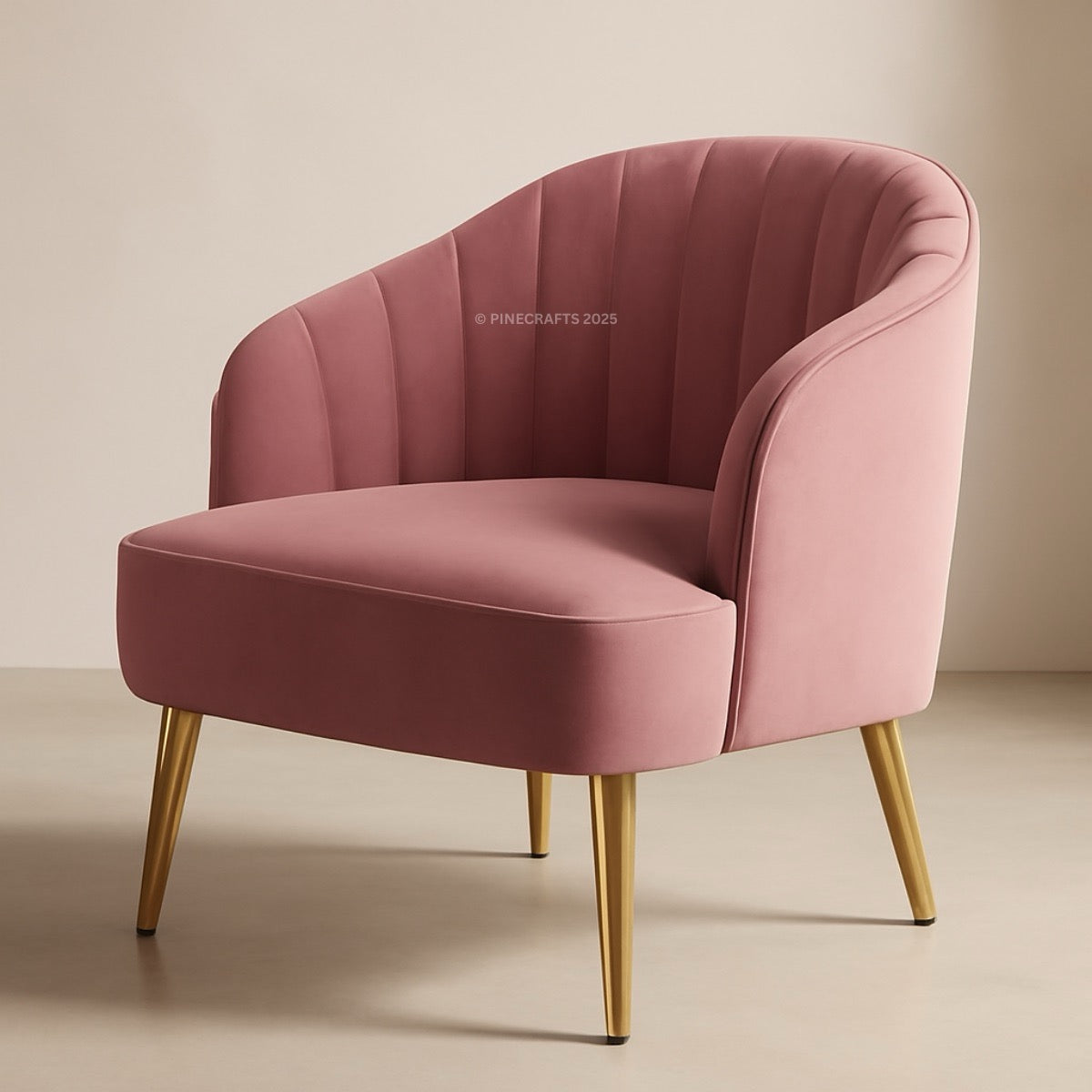 Pink armchair with gold legs on a beige background